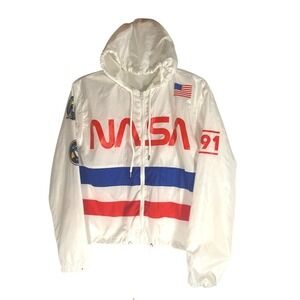 NASA Graphic Windbreaker Jacket - White with Red & Blue Stripes size Medium